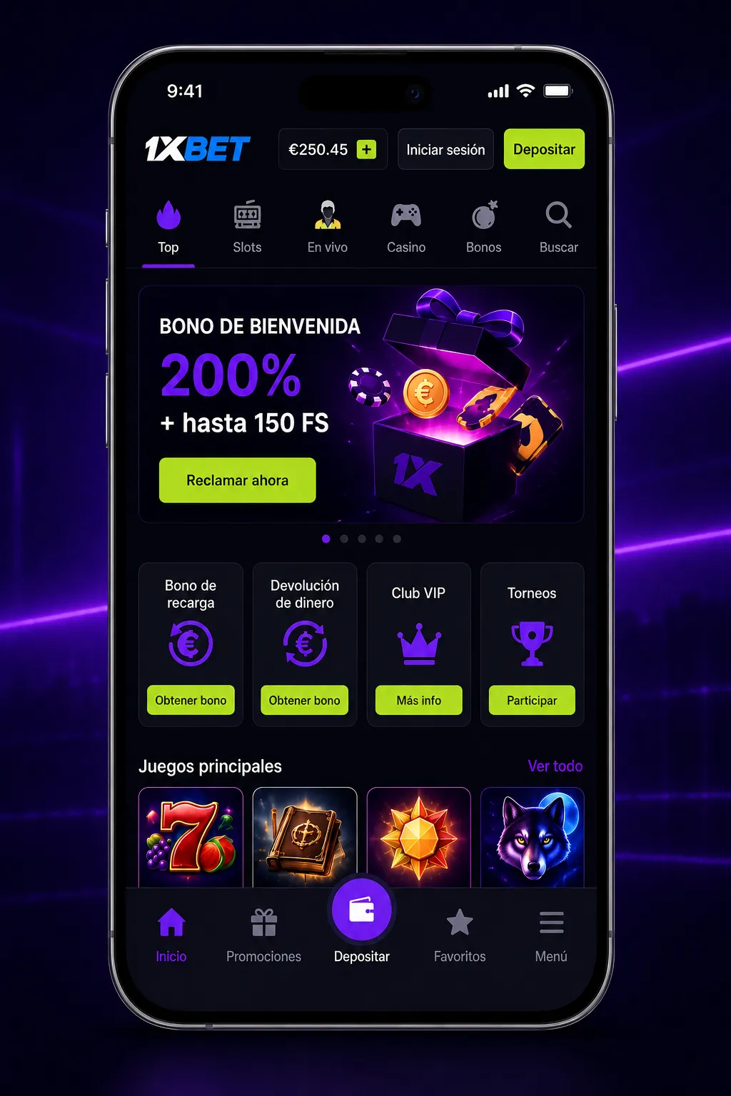 1xBet app download pantalla principal tras instalación