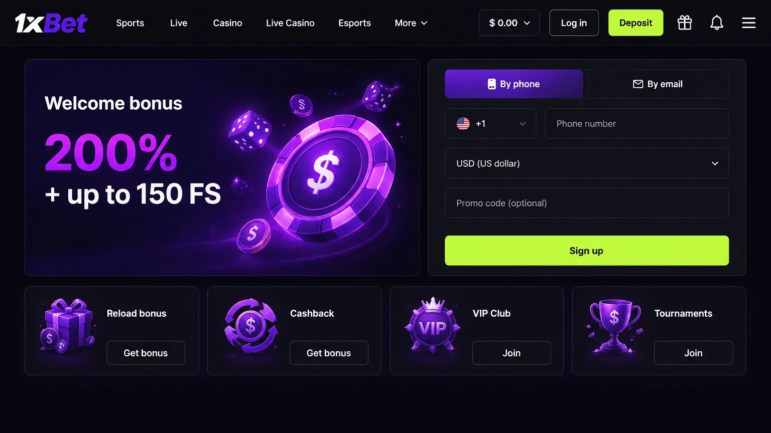 1xBet login registration phone email social sign-up
