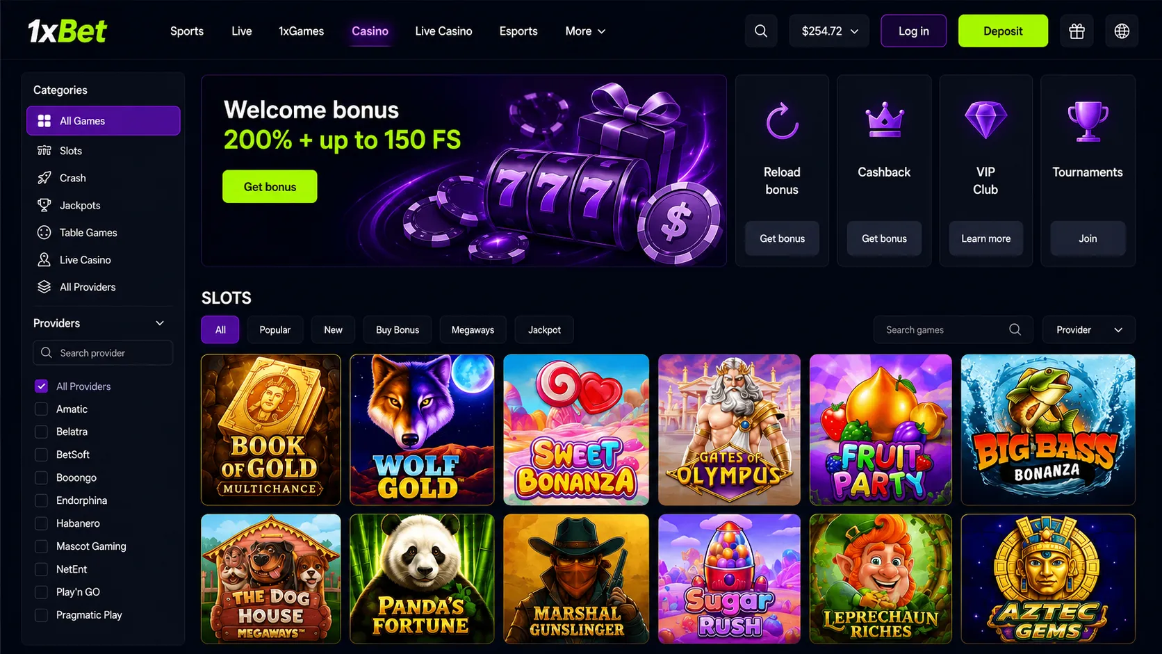 1xBet Casino tab slots and game library