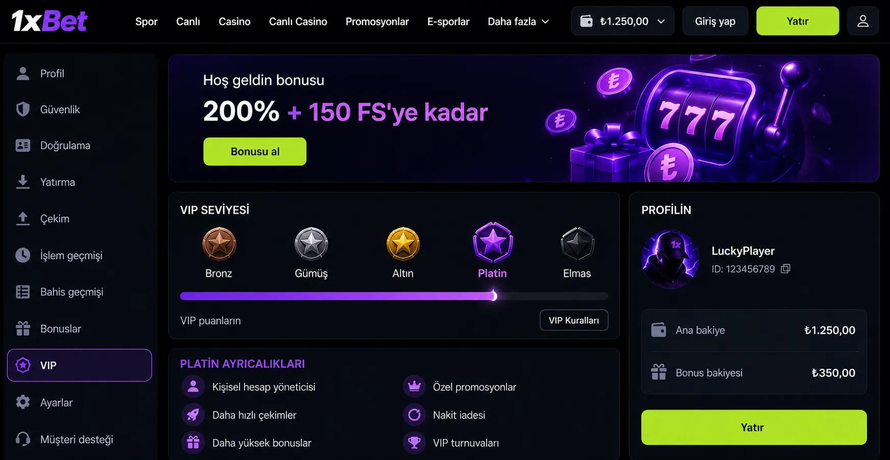 1xBet giriş profil ve hesap ayarları girişten sonra