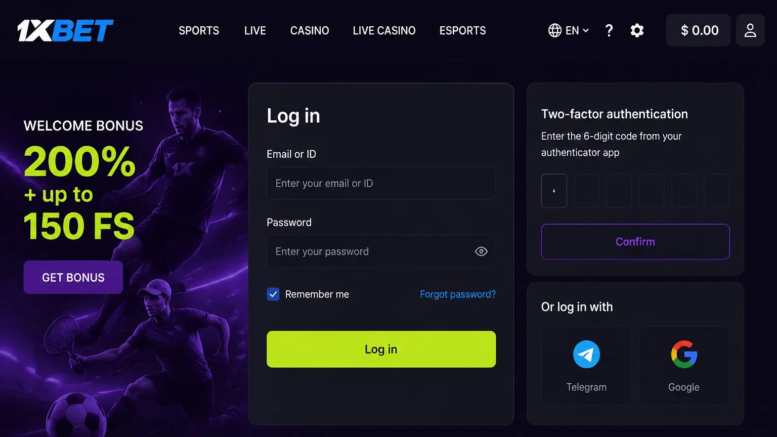 1xBet login two-factor authentication and session security