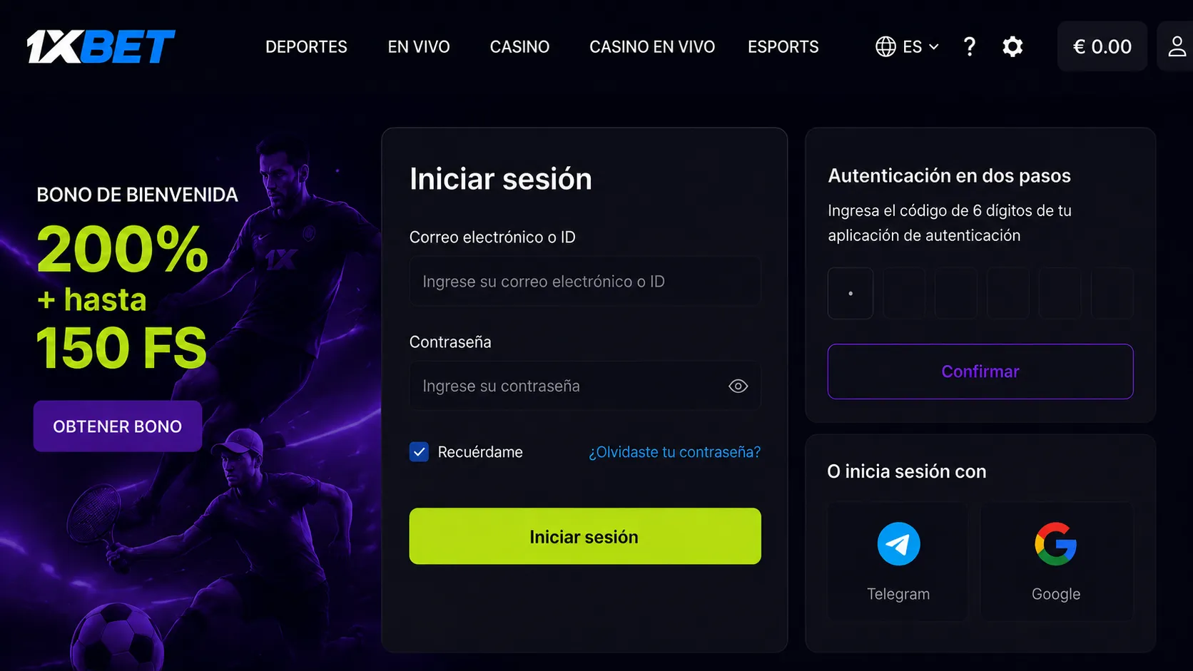 1xBet login autenticación en dos pasos seguridad de sesión