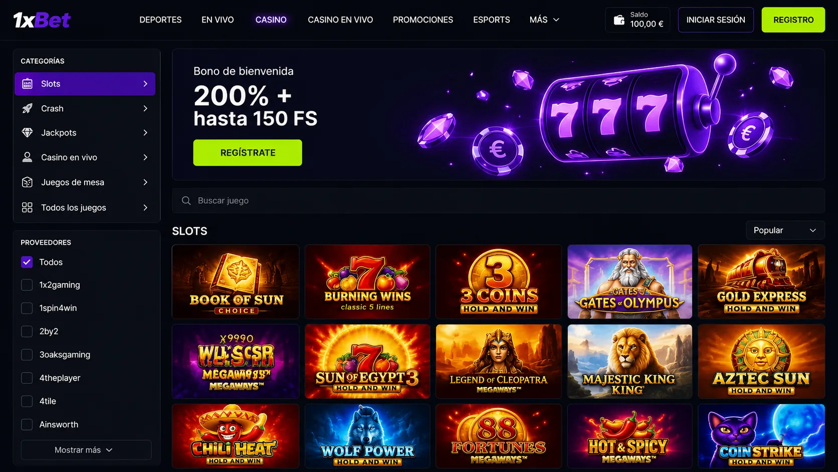 1xBet navegación lobby y accesos directos España