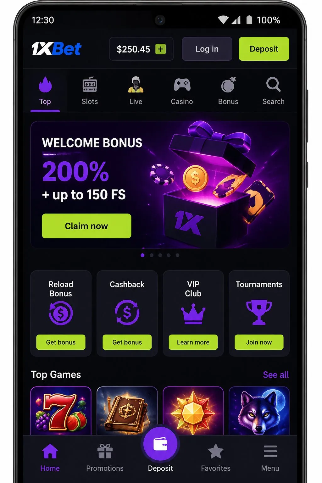 1xBet app download home screen layout after install