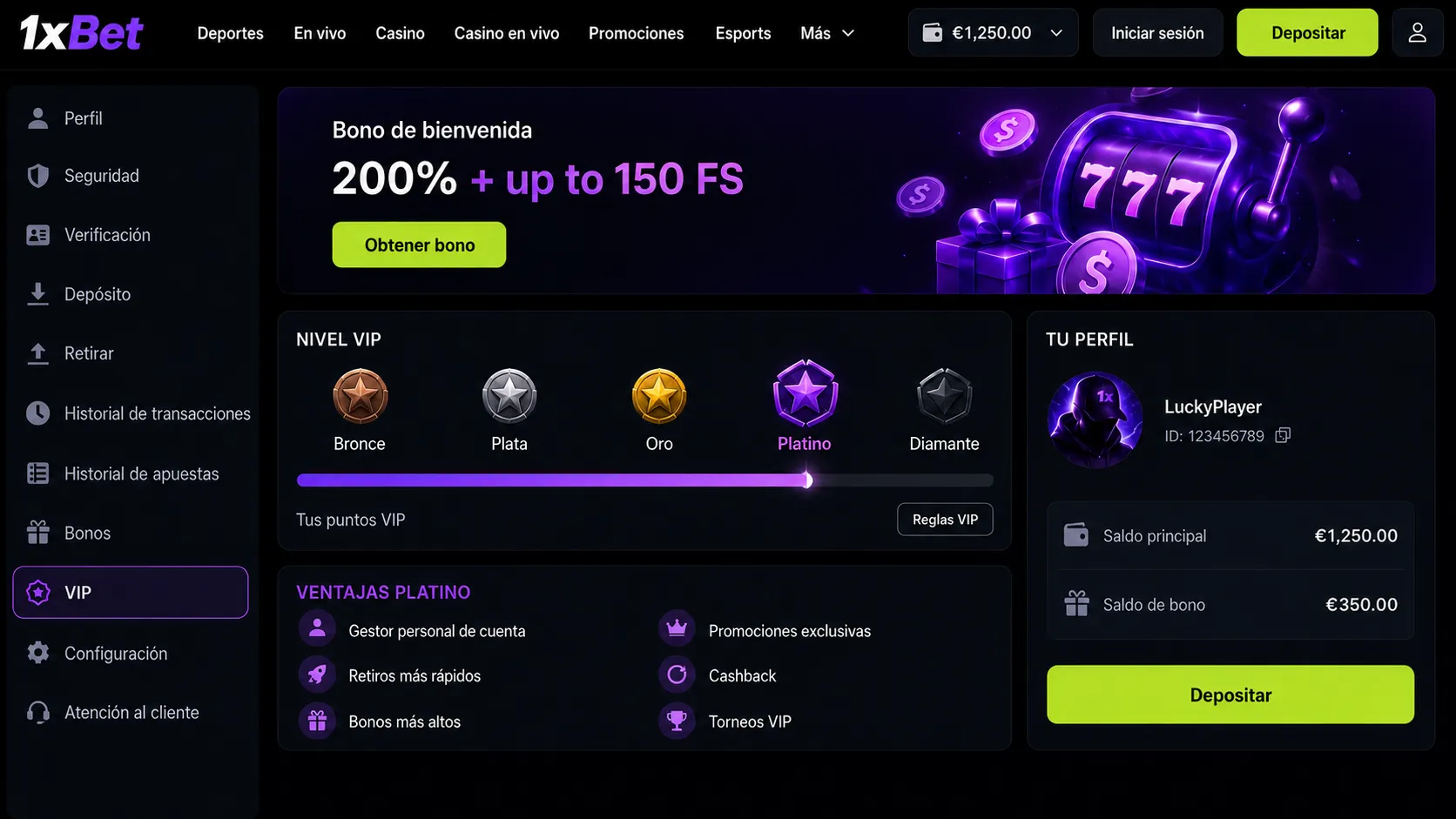 1xBet login perfil y configuración de cuenta tras inicio de sesión
