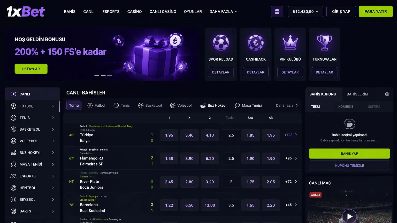 1xBet spor bahisleri ve esporlar prematç canlı