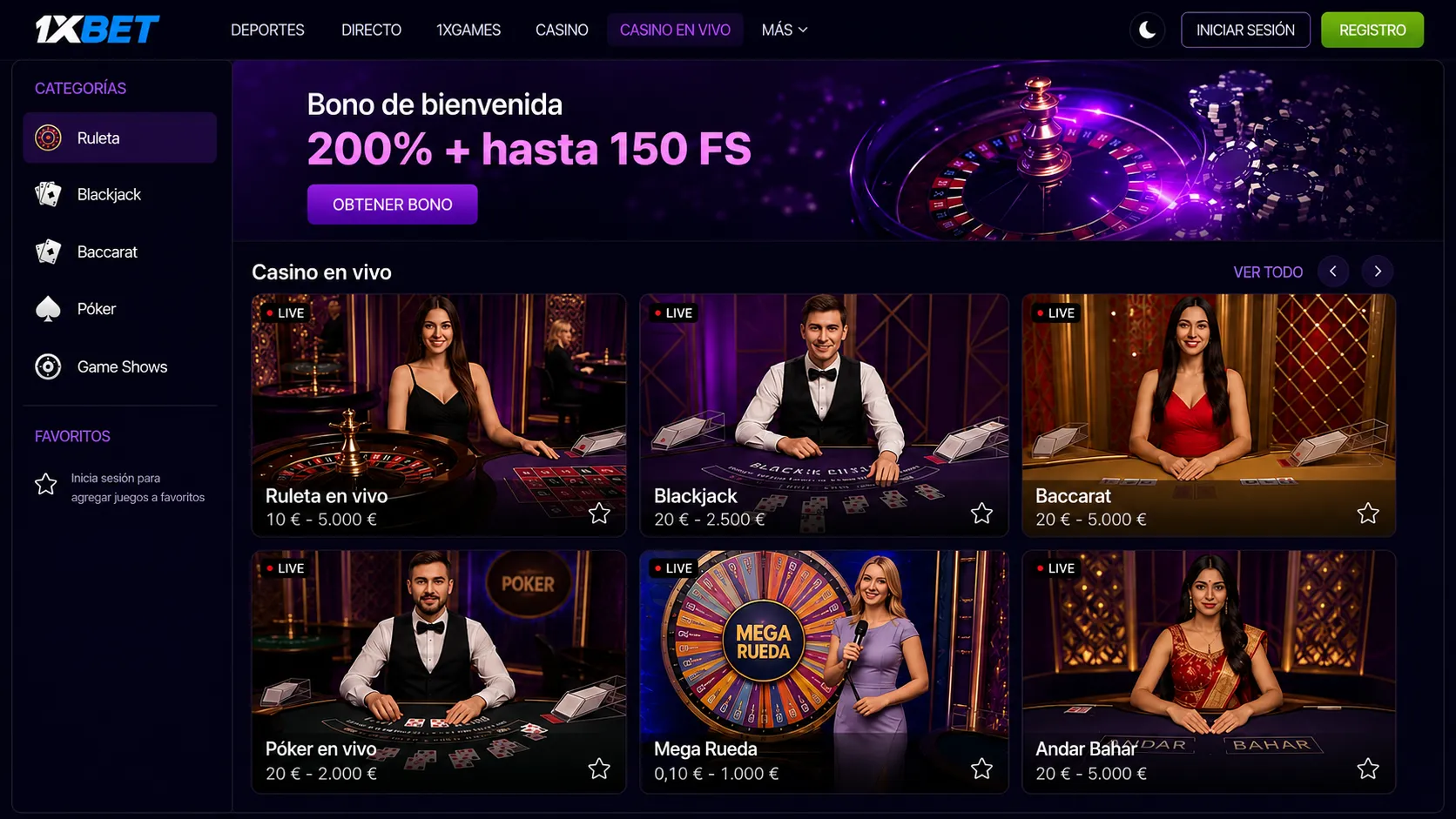 1xBet casino en vivo crupier real mesas España
