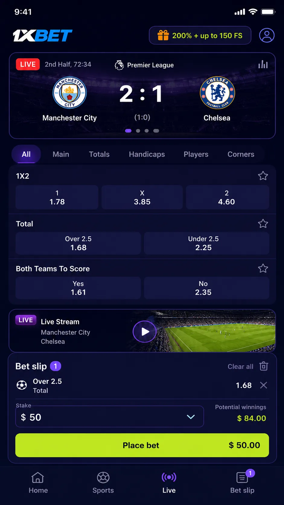 1xBet app live betting and esports coverage mobile